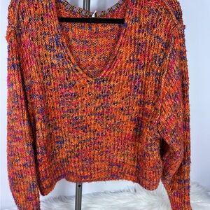Free People Multicolor V-Neck Sweater in Orange with Pink & Purple Flecks